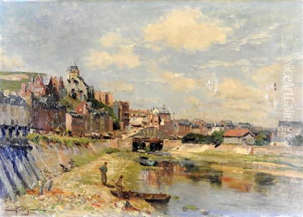 View Of A River Running Through A Town In Northern France With Boatmen In The Forground Oil Painting by Edmond Marie Petitjean