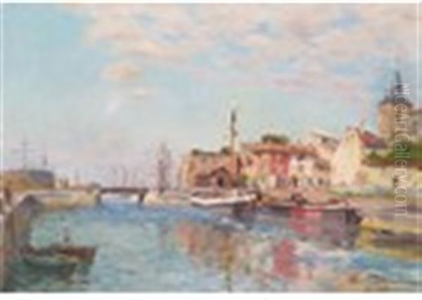 View Of A French Port Oil Painting by Edmond Marie Petitjean