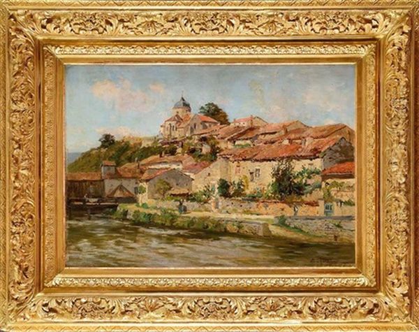 Village Aux Toits Rouges En Bord De Riviere Oil Painting by Edmond Marie Petitjean