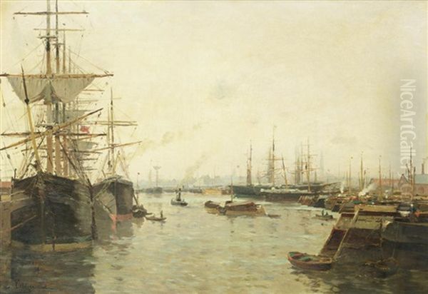 A French Harbour Oil Painting by Edmond Marie Petitjean