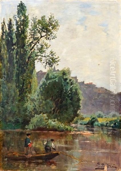 Pecheurs Sur La Meuse A Neufchateau (vosges) Oil Painting by Edmond Marie Petitjean