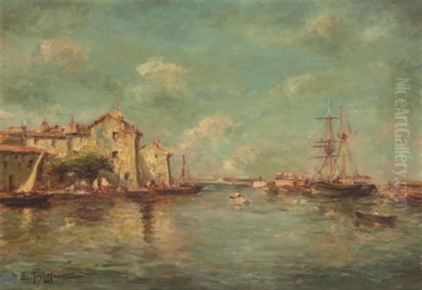 Voiliers Et Barques Aupres Du Petit Port De Peche Oil Painting by Edmond Marie Petitjean