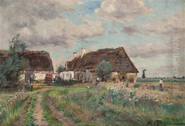 A Cottage On A Country Track Oil Painting by Edmond Marie Petitjean