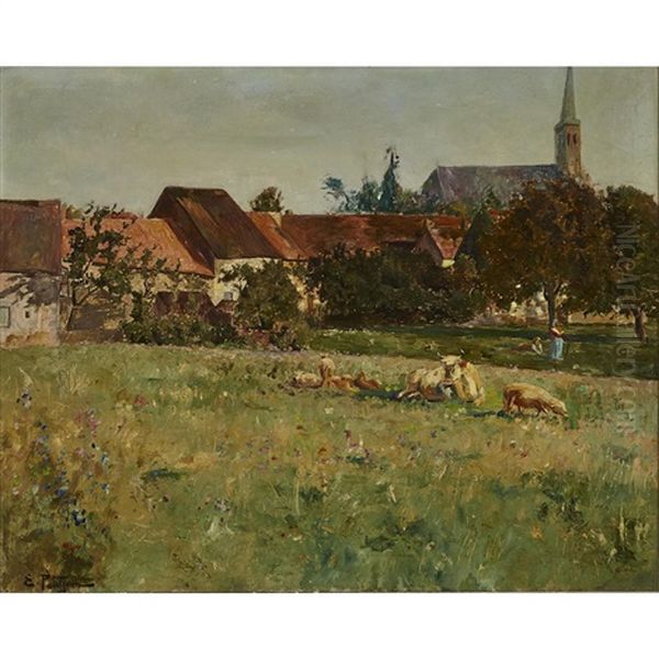 A Village Pasture With Cows Oil Painting by Edmond Marie Petitjean