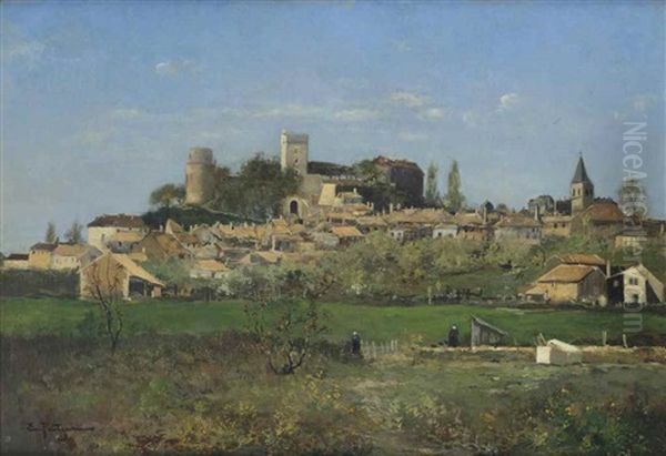 A Hilltop Village In Spring, France Oil Painting by Edmond Marie Petitjean