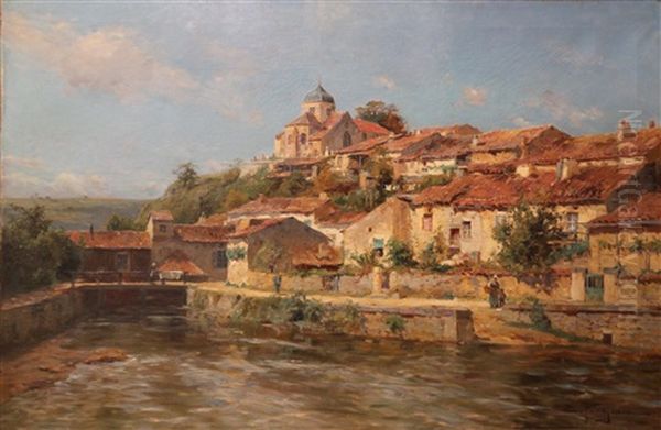 Village Anime Au Bord De L'eau Oil Painting by Edmond Marie Petitjean