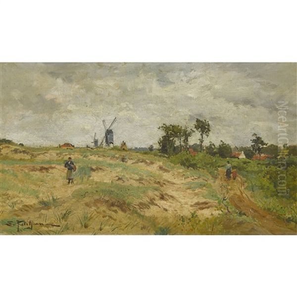 Feldlandschaft Mit Windmuhlen Oil Painting by Edmond Marie Petitjean