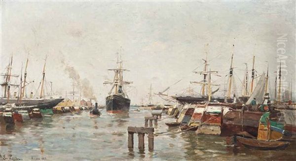 A Ship Being Guided Into Antwerp Harbour Oil Painting by Edmond Marie Petitjean