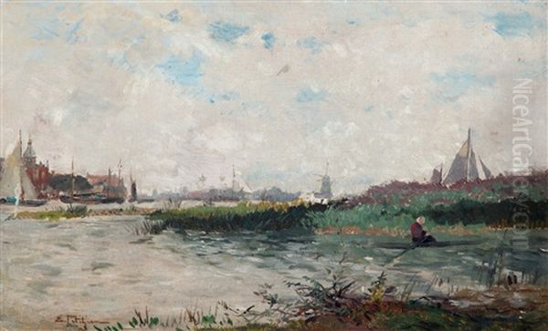 Roeier Voor De Stad Dordrecht Oil Painting by Edmond Marie Petitjean