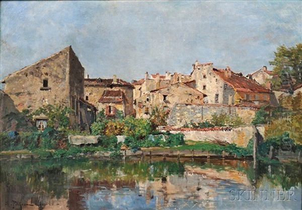 Village On The Banks Of A River by Edmond Marie Petitjean