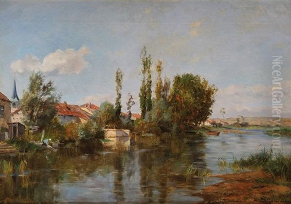 Village Lorrain Au Bord De La Riviere Oil Painting by Edmond Marie Petitjean