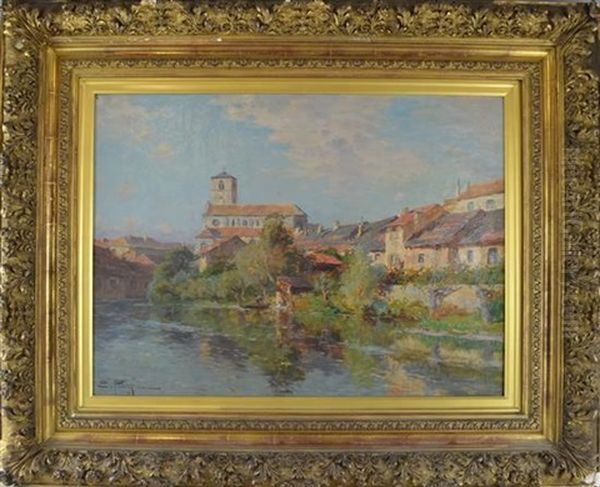 Village With Church Scene Looking Across River Oil Painting by Edmond Marie Petitjean