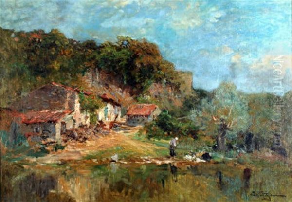 Riverside Cottages Oil Painting by Edmond Marie Petitjean