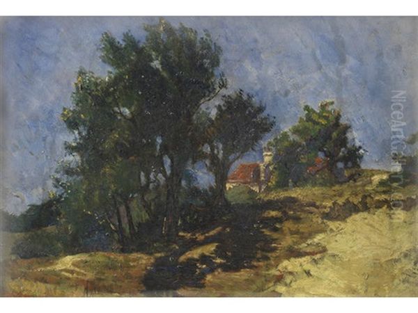 A Rustic Country Landscape Oil Painting by Edmond Marie Petitjean