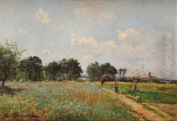 Promeneur Pres D'un Champs De Coquelicots Oil Painting by Edmond Marie Petitjean