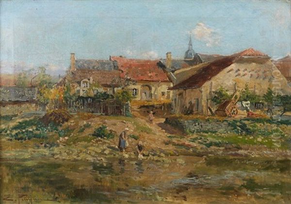 Lavandieres Pres D'un Village Oil Painting by Edmond Marie Petitjean