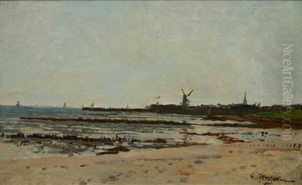 Greve Au Moulin A Maree Basse Oil Painting by Edmond Marie Petitjean