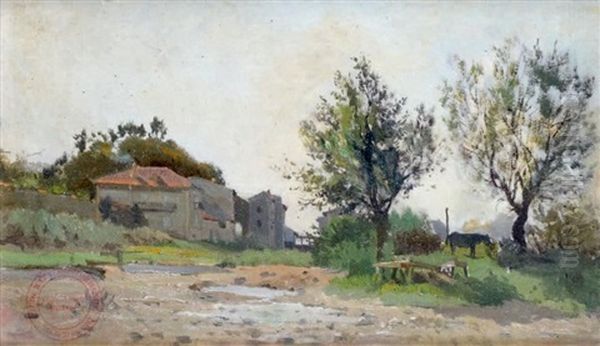 L'entree Du Village Oil Painting by Edmond Marie Petitjean