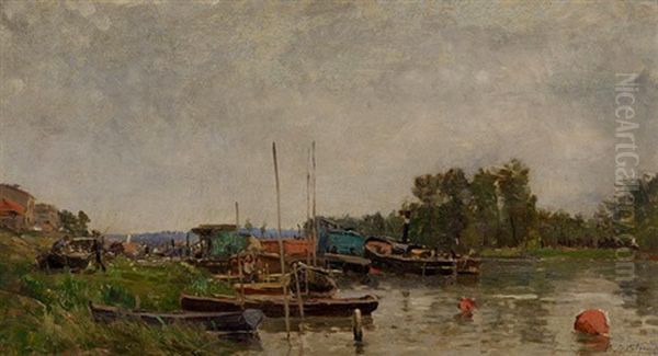 Boote Und Lastkahne An Flussufer Oil Painting by Edmond Marie Petitjean