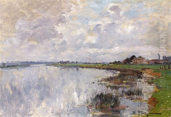 Ferme Au Bord De L'eau Oil Painting by Edmond Marie Petitjean