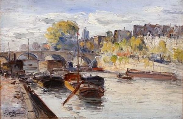 Les Peniches Au Pont-neuf Oil Painting by Edmond Marie Petitjean