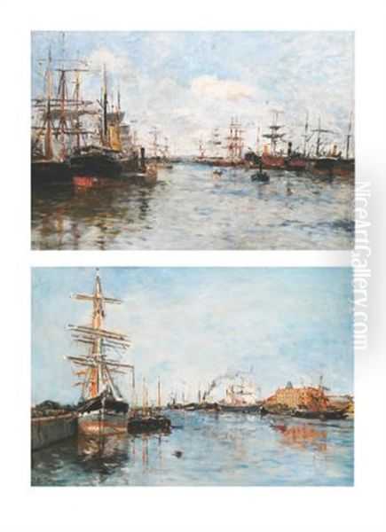 Bateaux En Rade (pair) Oil Painting by Edmond Marie Petitjean