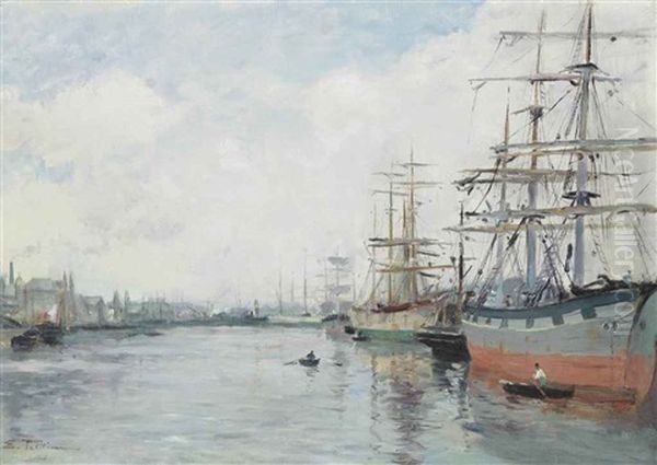 Trading Vessels Moored In A French Harbour Oil Painting by Edmond Marie Petitjean