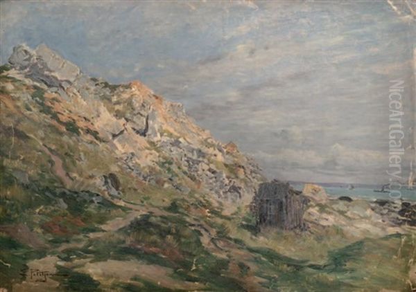 Cabane Sur Les Rochers En Bord De Mer Oil Painting by Edmond Marie Petitjean