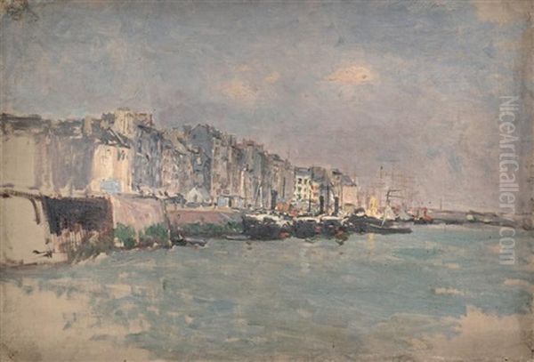 Bateaux A Vapeur Au Port Oil Painting by Edmond Marie Petitjean