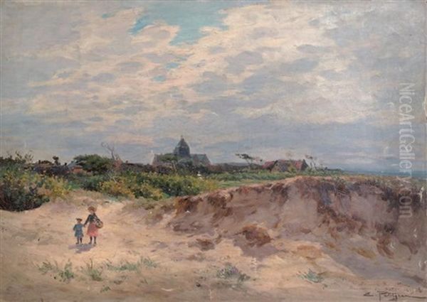 Enfants Dans Les Dunes Pres Du Village by Edmond Marie Petitjean