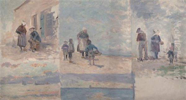 Pecheurs Et Vues De Mer (5 Works On 1 Canvas) Oil Painting by Edmond Marie Petitjean