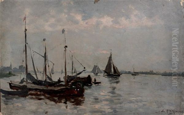 Voiliers Au Mouillage Oil Painting by Edmond Marie Petitjean