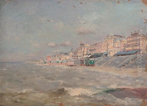 Front De Mer, La Plage Et Les Cabines Oil Painting by Edmond Marie Petitjean