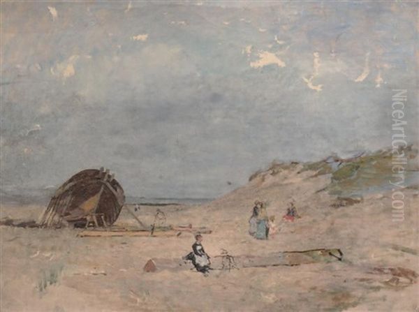 Bateau En Carene, Plage Et Les Dunes Oil Painting by Edmond Marie Petitjean