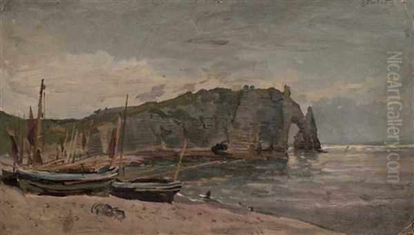 Bateaux Sur La Plage Pres Des Falaises D'etretat Oil Painting by Edmond Marie Petitjean