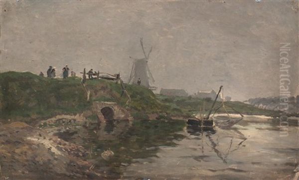 Paysage De Hollande Au Moulin Oil Painting by Edmond Marie Petitjean