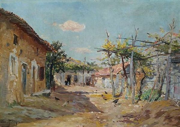 Blick In Ein Bauerngehoft Oil Painting by Edmond Marie Petitjean