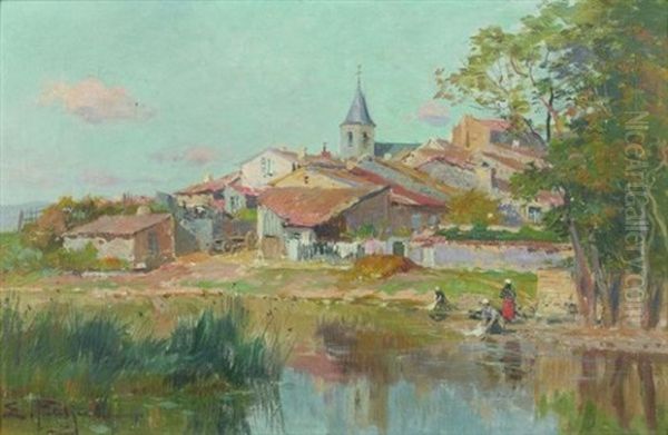 Vue De Village Avec Lavandieres En Bord De Riviere Oil Painting by Edmond Marie Petitjean