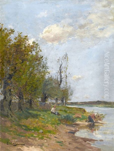 Wascherinnen Am Fluss Oil Painting by Edmond Marie Petitjean