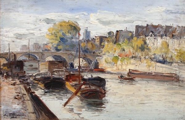 Les Peniches Au Pont-neuf Oil Painting by Edmond Marie Petitjean