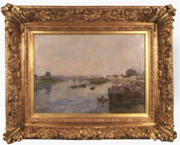 Barque Sur La Saone Pres De Chalon Sur Saone Oil Painting by Edmond Marie Petitjean