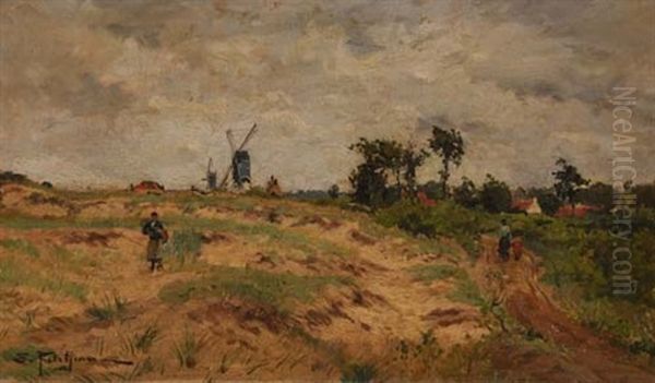 Feldlandschaft Mit Windmuhle Oil Painting by Edmond Marie Petitjean