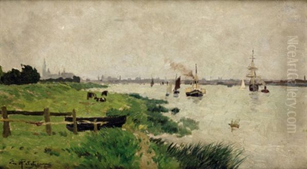 Bord De Seine Oil Painting by Edmond Marie Petitjean