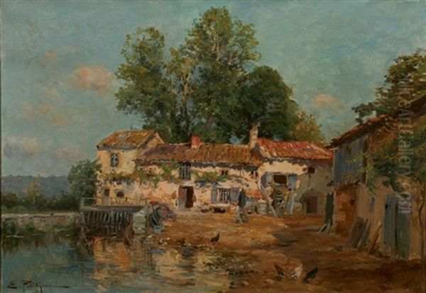 Ferme En Bord De Riviere Oil Painting by Edmond Marie Petitjean