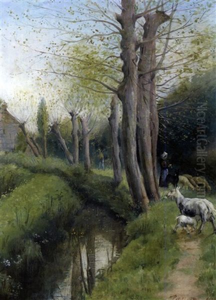 Bergere En Bord De Riviere Oil Painting by Edmond Marie Petitjean