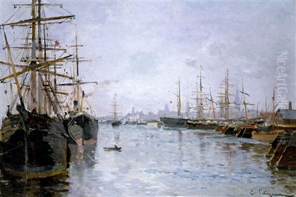 Hafenszene Mit Grosseglern In Antwerpen Oil Painting by Edmond Marie Petitjean