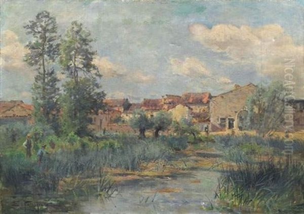 Pecheurs Devant Un Village Oil Painting by Edmond Marie Petitjean