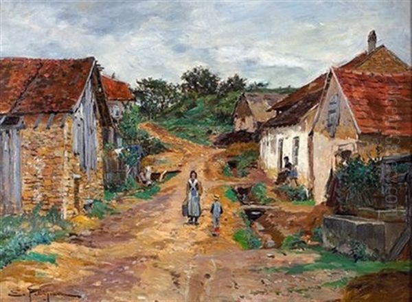 Vue De Ruelle D'un Village Oil Painting by Edmond Marie Petitjean