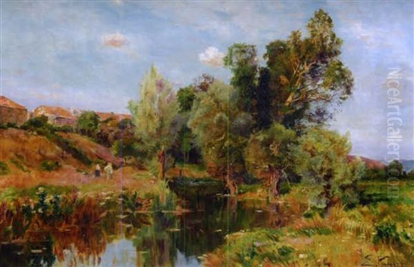 Paysage De Riviere Anime Oil Painting by Edmond Marie Petitjean