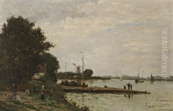 Bord De Riviere Anime, Au Loin Moulin Oil Painting by Edmond Marie Petitjean